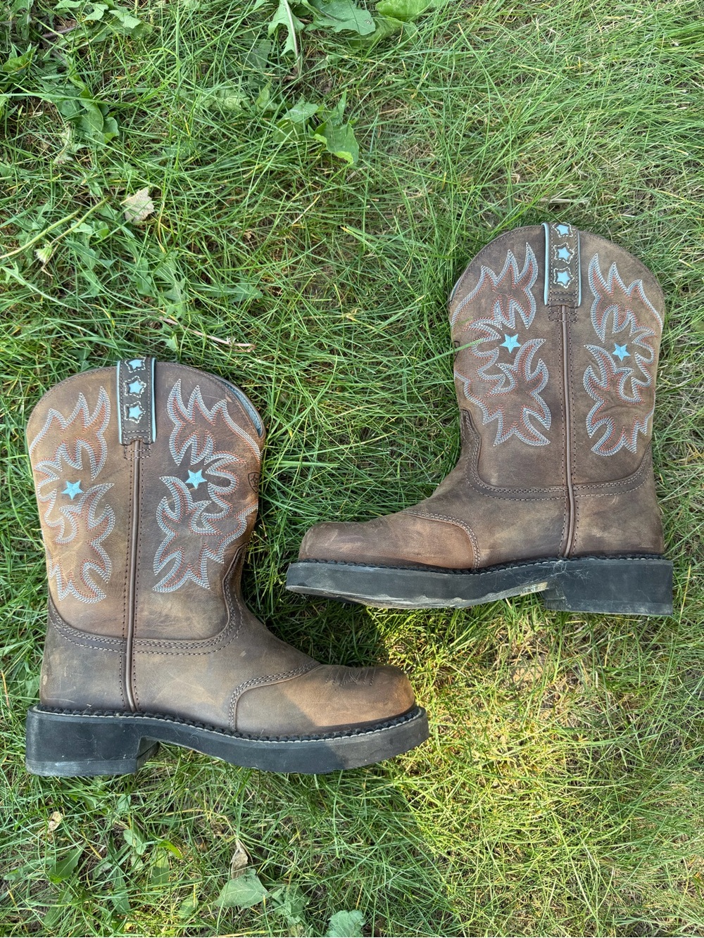 Ariat Brown Leather Western Boots with Light Blue Interior